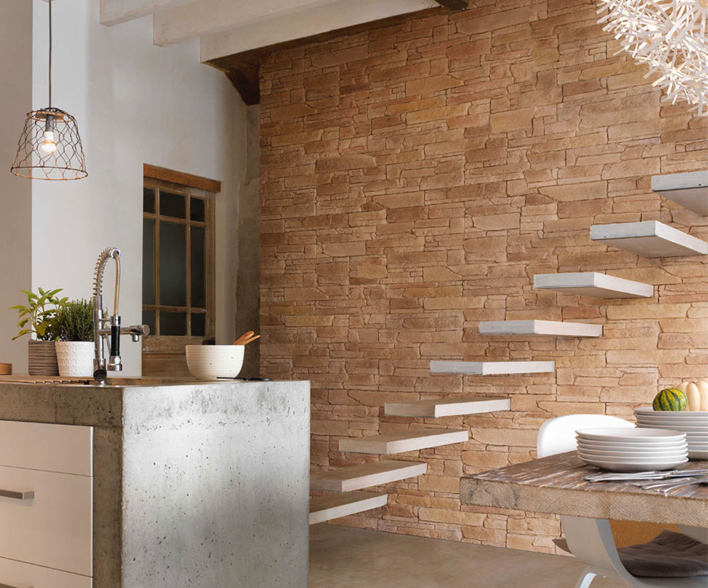 Cuisine moderne avec comptoir de cuisine en béton et mur en revêtement Rocky Mountain ton havane de chez ORSOL